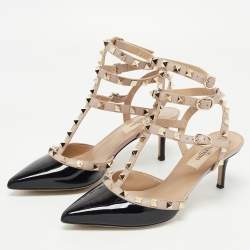 Pre Owned Valentino Black/Beige Patent and Leather Rockstud Pumps Size 36.5