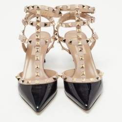 Pre Owned Valentino Black/Beige Patent and Leather Rockstud Pumps Size 36.5