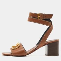 Pre Owned Valentino Brown Leather V Logo Block Heel Ankle Wrap Sandals Size 41