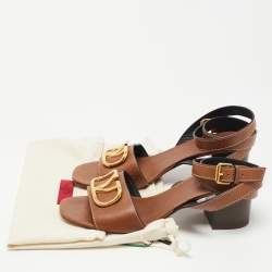 Pre Owned Valentino Brown Leather V Logo Block Heel Ankle Wrap Sandals Size 41