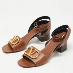 Pre Owned Valentino Brown Leather V Logo Block Heel Ankle Wrap Sandals Size 41