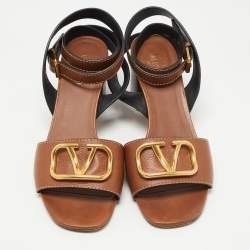 Pre Owned Valentino Brown Leather V Logo Block Heel Ankle Wrap Sandals Size 41