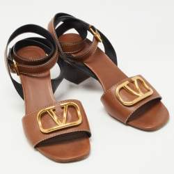 Pre Owned Valentino Brown Leather V Logo Block Heel Ankle Wrap Sandals Size 41