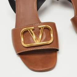 Pre Owned Valentino Brown Leather V Logo Block Heel Ankle Wrap Sandals Size 41