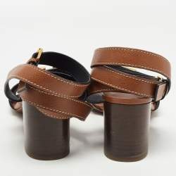 Pre Owned Valentino Brown Leather V Logo Block Heel Ankle Wrap Sandals Size 41