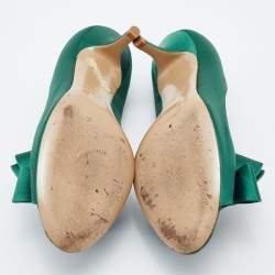 Pre Owned Valentino Green Satin Bow Peep Toe Platform Pumps Size 37