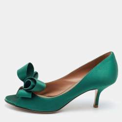 Pre Owned Valentino Green Satin Bow Peep Toe Platform Pumps Size 37
