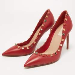 Pre Owned Valentino Red Leather Rockstud Pumps Size 40.5