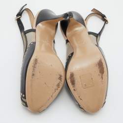 Pre Owned Valentino Black Leather Embellished Peep Toe Slingback Pumps Size 37.5