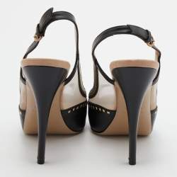 Pre Owned Valentino Black Leather Embellished Peep Toe Slingback Pumps Size 37.5