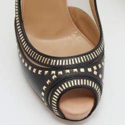 Pre Owned Valentino Black Leather Embellished Peep Toe Slingback Pumps Size 37.5