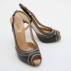 Pre Owned Valentino Black Leather Embellished Peep Toe Slingback Pumps Size 37.5
