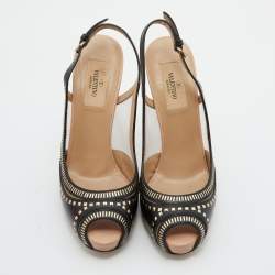 Pre Owned Valentino Black Leather Embellished Peep Toe Slingback Pumps Size 37.5