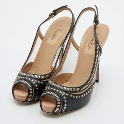 Pre Owned Valentino Black Leather Embellished Peep Toe Slingback Pumps Size 37.5