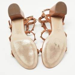 Pre Owned Valentino Tan Leather Rockstud Ankle Strap Sandals Size 40