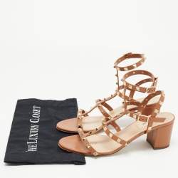 Pre Owned Valentino Tan Leather Rockstud Ankle Strap Sandals Size 40