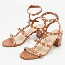 Pre Owned Valentino Tan Leather Rockstud Ankle Strap Sandals Size 40