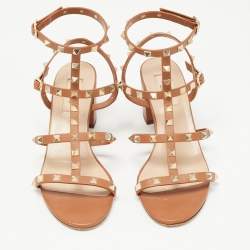 Pre Owned Valentino Tan Leather Rockstud Ankle Strap Sandals Size 40