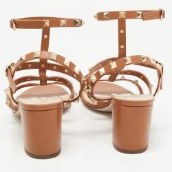 Pre Owned Valentino Tan Leather Rockstud Ankle Strap Sandals Size 40