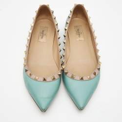 Pre Owned Valentino Blue/Beige Leather Rockstud Ballet Flats Size 38.5