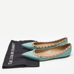 Pre Owned Valentino Blue/Beige Leather Rockstud Ballet Flats Size 38.5