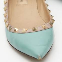 Pre Owned Valentino Blue/Beige Leather Rockstud Ballet Flats Size 38.5