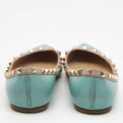 Pre Owned Valentino Blue/Beige Leather Rockstud Ballet Flats Size 38.5