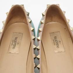 Pre Owned Valentino Blue/Beige Leather Rockstud Ballet Flats Size 38.5