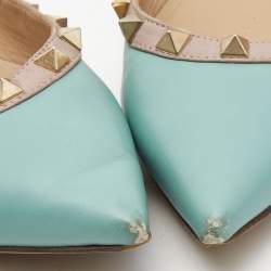Pre Owned Valentino Blue/Beige Leather Rockstud Ballet Flats Size 38.5