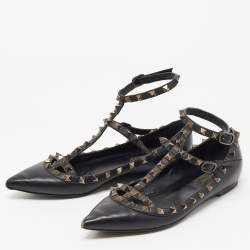 Pre Owned Valentino Black Leather Rockstud Ankle Strap Ballet Flats Size 37