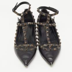 Pre Owned Valentino Black Leather Rockstud Ankle Strap Ballet Flats Size 37