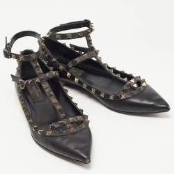 Pre Owned Valentino Black Leather Rockstud Ankle Strap Ballet Flats Size 37