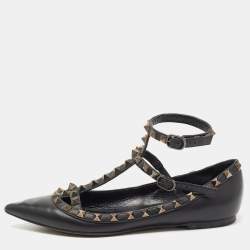 Pre Owned Valentino Black Leather Rockstud Ankle Strap Ballet Flats Size 37