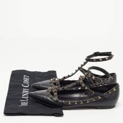 Pre Owned Valentino Black Leather Rockstud Ankle Strap Ballet Flats Size 37