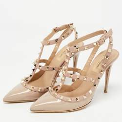 Pre Owned Valentino Beige Patent Leather Rockstud Caged Pumps Size 38