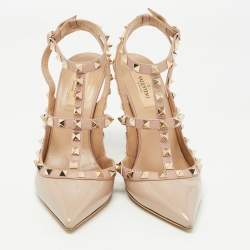 Pre Owned Valentino Beige Patent Leather Rockstud Caged Pumps Size 38