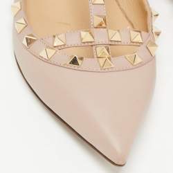 Pre Owned Valentino Dusty Pink Leather Rockstud Ankle Strap Ballet Flats Size 37.5
