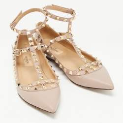 Pre Owned Valentino Dusty Pink Leather Rockstud Ankle Strap Ballet Flats Size 37.5