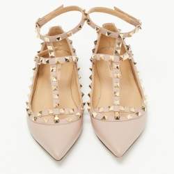 Pre Owned Valentino Dusty Pink Leather Rockstud Ankle Strap Ballet Flats Size 37.5