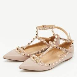 Pre Owned Valentino Dusty Pink Leather Rockstud Ankle Strap Ballet Flats Size 37.5