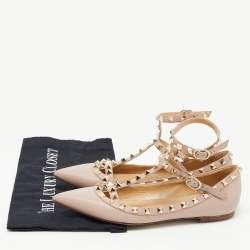 Pre Owned Valentino Dusty Pink Leather Rockstud Ankle Strap Ballet Flats Size 37.5