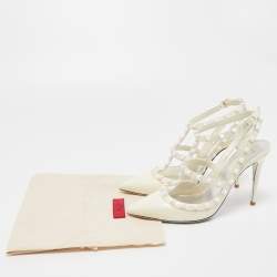 Pre Owned Valentino Off White Leather Rockstud Ankle Strap Pumps Size 38