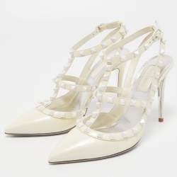 Pre Owned Valentino Off White Leather Rockstud Ankle Strap Pumps Size 38