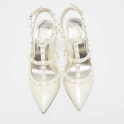 Pre Owned Valentino Off White Leather Rockstud Ankle Strap Pumps Size 38
