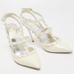 Pre Owned Valentino Off White Leather Rockstud Ankle Strap Pumps Size 38