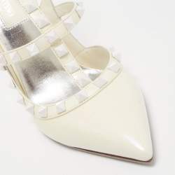 Pre Owned Valentino Off White Leather Rockstud Ankle Strap Pumps Size 38