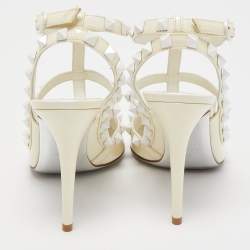 Pre Owned Valentino Off White Leather Rockstud Ankle Strap Pumps Size 38