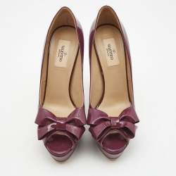 Pre Owned Valentino Purple Patent Leather Bow Peep Toe Platform Pumps Size 39