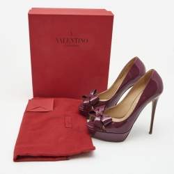 Pre Owned Valentino Purple Patent Leather Bow Peep Toe Platform Pumps Size 39