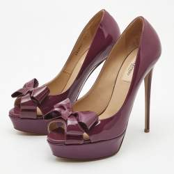 Pre Owned Valentino Purple Patent Leather Bow Peep Toe Platform Pumps Size 39